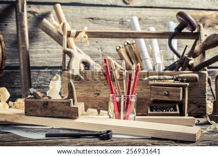 Drawing workshop and old carpentry workbench