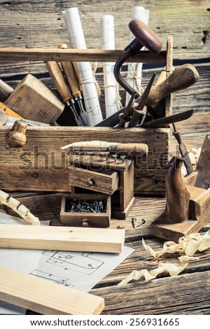 Drafting Tools and diagrams in the carpentry workshop