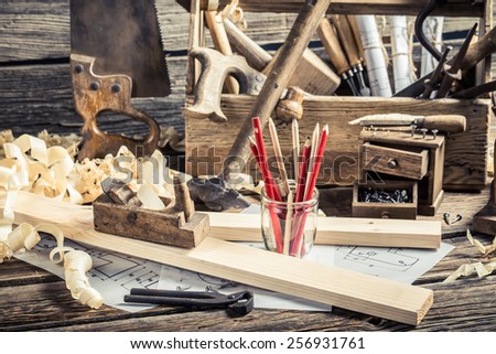 Old carpentry workbench and drawing workshop