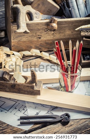Vintage carpentry workbench and drawing workshop