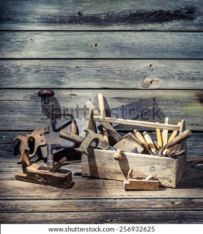 Old carpenter tools in a wooden box