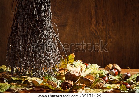 Autumn clearing in basement on wooden background