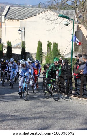 ALLEX, FRANCE - MAR 02: Cyril Gautier and Arthur Vichot riding La Classic Drome UCI Europe Tour Pro Race on March 02, 2014 in Allex Hill, Drome, France. Romain Bardet won the race.