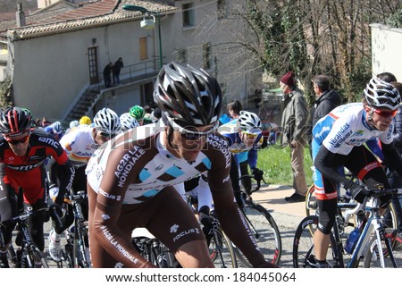 ALLEX, FRANCE - MAR 02: Guillaume Bonnafond riding La Classic Drome UCI Europe Tour Pro Race on March 02, 2014 in Allex Hill, Drome, France. Romain Bardet won the race.