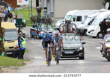 LELEX, FRANCE - AUG 15: Dan Martin and Remi Di Gregorio riding Le Tour de l\'Ain UCI Europe Tour Pro Race on August 15, 2014 in Lelex, Monts du Jura, France. Bert-Jan Lindeman won the race.