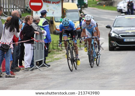 LELEX, FRANCE - AUG 15: Dan Martin and Remi Di Gregorio riding Le Tour de l\'Ain UCI Europe Tour Pro Race on August 15, 2014 in Lelex, Monts du Jura, France. Bert-Jan Lindeman won the race.