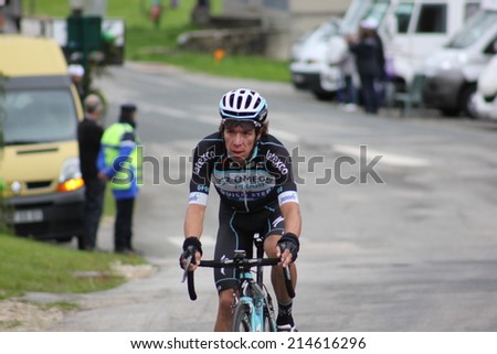 LELEX, FRANCE - AUG 15: Rigoberto Uran, colombian rider, riding Le Tour de l\'Ain UCI Europe Tour Pro Race on August 15, 2014 in Lelex, Monts du Jura, Ain, France. Bert-Jan Lindeman won the race.