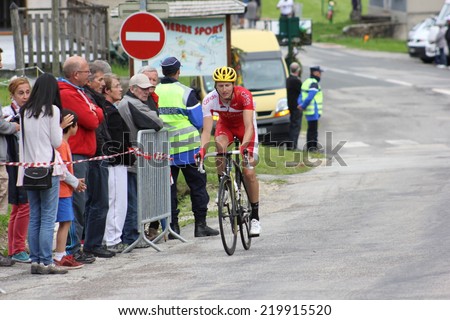 LELEX, FRANCE - AUG 15: Guillaume Levarlet, Cofidis team riding Le Tour de l\'Ain UCI Europe Tour Pro Race on August 15, 2014 in Lelex, Jura, Ain, France. Bert-Jan Lindeman won the race.