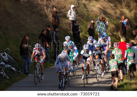 ARDECHE, FRANCE - FEB 27: Professional racing cyclists ride UCI Europ TOUR 