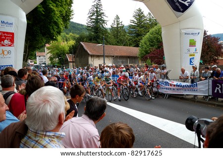 NANTUA, FRANCE - AUG 12: Professional racing cyclists starting UCI WORLD TOUR \
