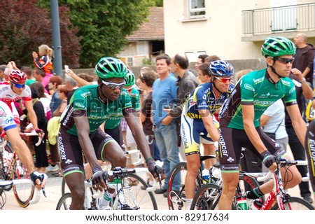 NANTUA, FRANCE - AUG 12: Professional racing cyclists of Team Europcar riding UCI WORLD TOUR \