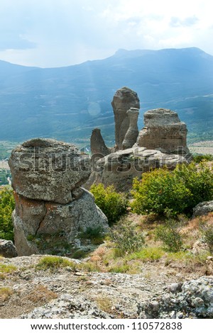 Rocky columns in Crimea mountains.Wild rock landscape. Ukraine.
