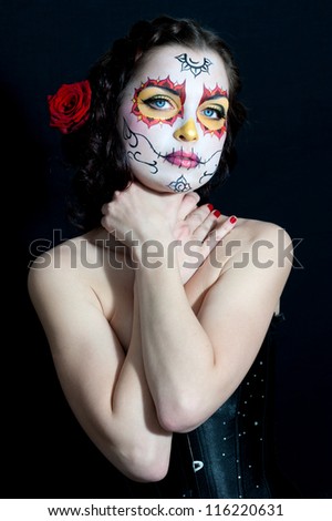 Dead Bride Woman In Skull Face Art Mask. Halloween Stock Photo 