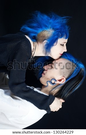 alternative couple with blue hair, the punks