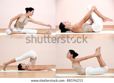 Set of young attractive female fitness. Caucasian girl doing yoga poses