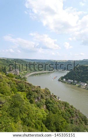 Loreley rock on the river Rhine and Katz Castle (German: Burg Katz) near St. Goarshausen, Germany