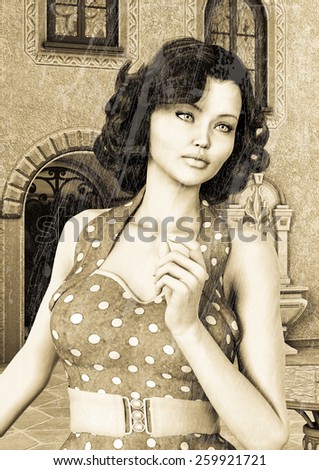 3D digital render of a beautiful vintage woman on a summer town background, sepia and old photo effect