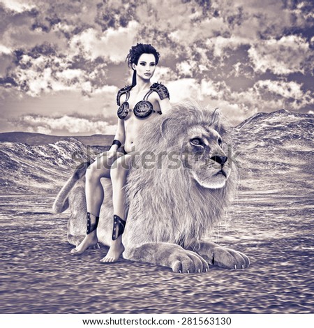 3D digital render of a beautiful young woman and a lion on a desert landscape background
