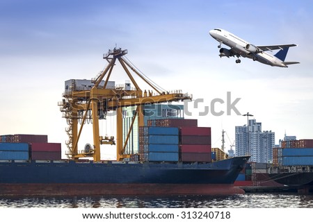 Container Cargo freight ship and Air plan with working crane loading bridge in shipyard at dusk for Logistic Import Export