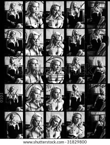 Scanned 35 mm Film Contact Sheet from Retro Fashion Glamour Shoot.  Annotated, Scratchy, Dusty, Soft-Focus; The Real Thing!  Model-Released.
