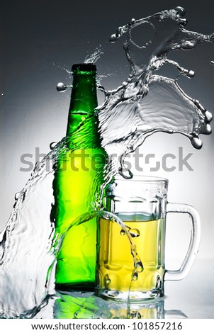 Beer bottle with water splash