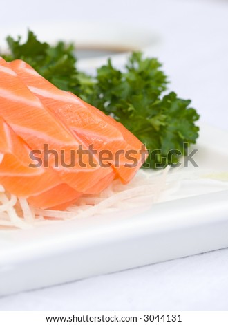 salmon sashimi with garnish on white dishes & white background