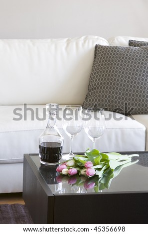 tulips and wine in modern living room