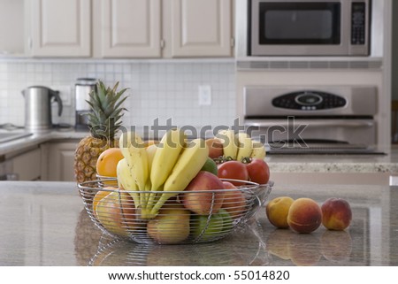 bowl of assorted fruit in modern grey kitchen