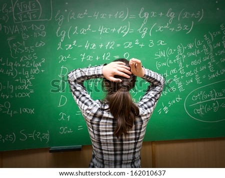portrait of stressed student and blackboard background