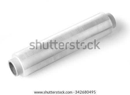 Roll of wrapping plastic stretch film on white background