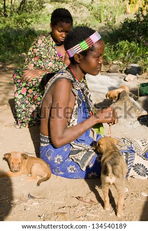 LAKE EYASI, TANZANIA - FEBRUARY 18: An unidentified Hadzabe woman sits together with other woman and future hunting dogs on February 18, 2013 in Tanzania. Hadzabe tribe threatened by extinction.
