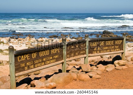 Sign of the Cape of Good Hope. In the background the sea. Cape of Good Hope is the most southwestern point of the African continent.