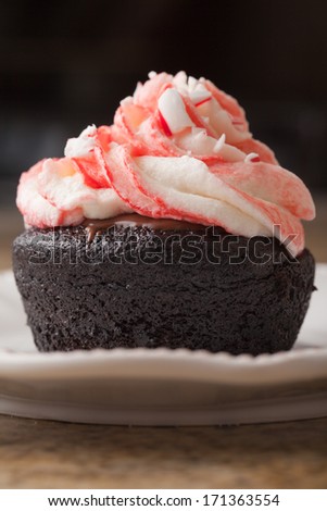 Macro shot of a peppermint topped dark chocolate cupcake on a granite counter top with a black background