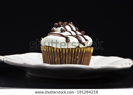 Delicious chocolate mint cupcake with miniature chocolate chips sprinkled on top with drizzled melted chocolate - horizontal view black background