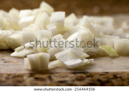 Macro shot of freshly diced onions - front view