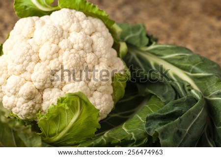macro shot of freshly harvested head of organic cauliflower with vibrant green leaves