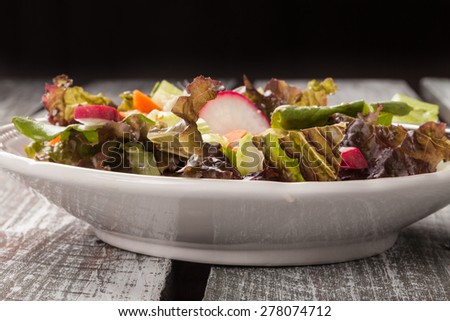 Side view of a vintage plate with an Italian chopped green garden salad on an old barn wood table