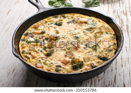 Baked egg frittata with spinach, cheese, broccoli, red potatoes, bacon, milk, and spinach horizontal view