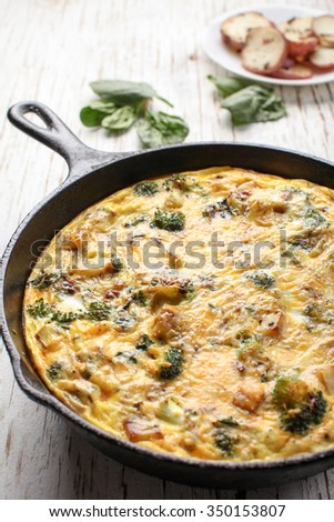 Baked egg frittata with spinach, cheese, broccoli, red potatoes, bacon, milk, and spinach baked in a cast iron skillet with a plate of fried red potatoes