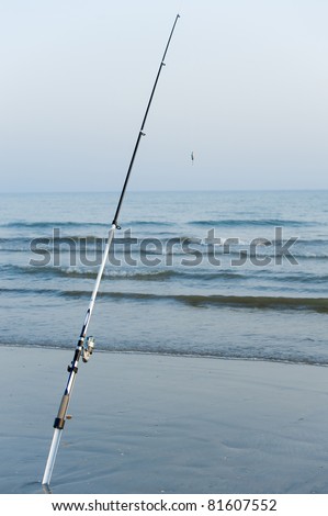fishing poles putted into the sand on the beach