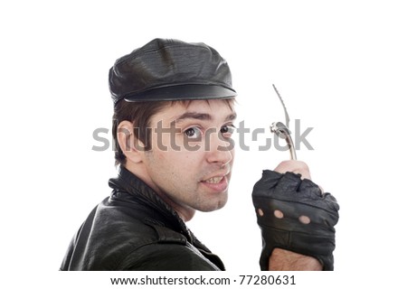 funny crazy young adult maniac guy with handcuffs isolated image, Down's syndrome