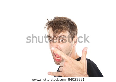 young crazy guy is funny expression on his face, isolated over white