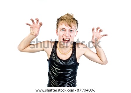 young crazy guy in a black T-shirt, isolated over white