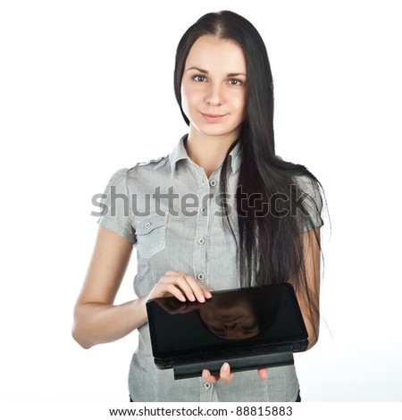 stock photo Young beautiful sexy girl in a light blouse holds a small stock photo Young beautiful sexy girl in a light blouse holds a small