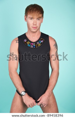 stock photo beautiful sexy naked stylish trendy blond guy in a black suit