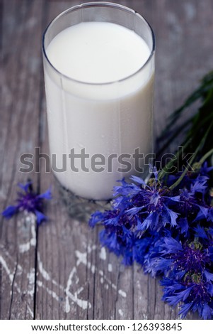 glass of milk and a bouquet of cornflowers on a purple table