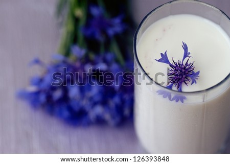 glass of milk and a bouquet of cornflowers on a purple table