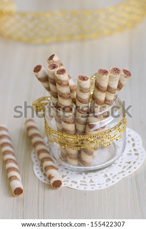 Wafer roll sticks cream rolls in a cup