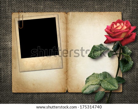 Card for invitation or congratulation with red rose and old photo