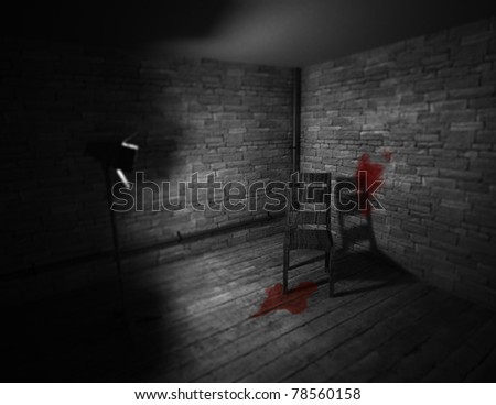 Dark room with wooden chair in the middle. One spot light and blood on the floor and wall.